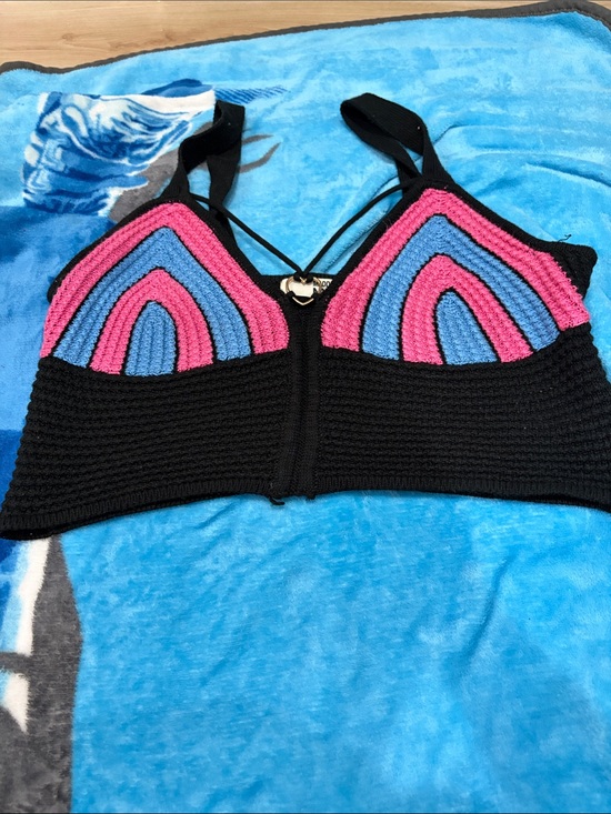 Madden Nyc Dresses & Skirts - Black Crochet Crop Top with Pink & Blue Accents - Women Skirt Category